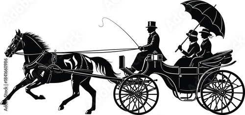 Horse carriage silhouette, vintage transport, Victorian style, black vector, flat design, CAD drawing, historical scene, umbrella detail, formal attire
