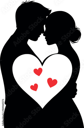 A tender moment captured in silhouette, depicting a loving couple embracing as their forms create a beautiful heart, symbolizing deep affection and connection with vibrant red hearts within
