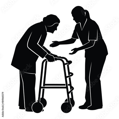 Caregiver assisting elderly person with walker isolated on white background, Vector