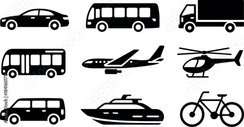diverse collection of black silhouette icons representing various modes of transportation transportation, vehicle, transport, travel