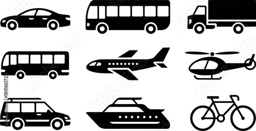 Black silhouettes representing various modes of transportation for land, air, and sea travel