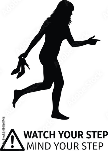 Woman walking carefully with high heels in hand isolated on white background, Vector