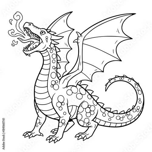 Simple Medieval Dragon Line Art. Cartoon Black and White Vector Icon for Coloring Book, Fantasy, Monster, Mythical Creature, or Simple Heraldry Design. Generative AI