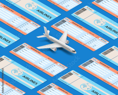 Airplane model among many airline tickets. Isometric projection. Vector illustration.