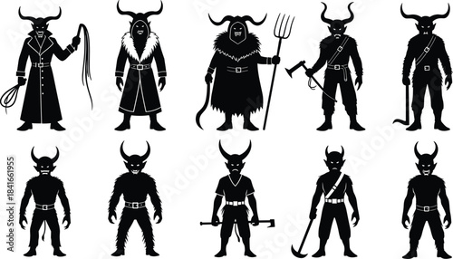 Krampus silhouettes, horned demon figures, folklore icons, black vector, flat design, CAD drawing, mythical creature, Christmas legend, scary costume art