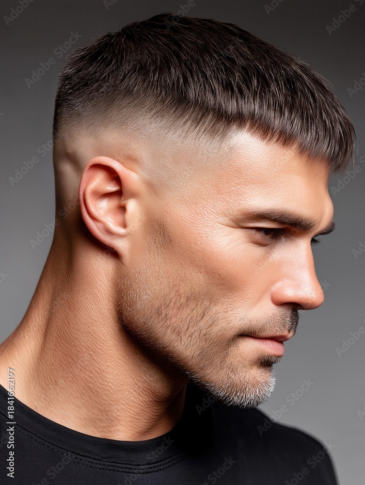 Fototapeta premium Close-up portrait of a man showcasing a stylish fade haircut and facial stubble. Modern grooming and hairstyle concept.