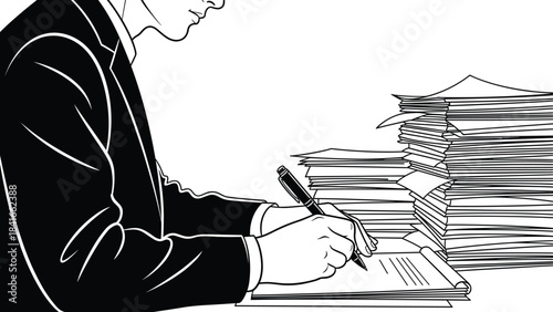 office worker, paperwork overload, writing clipboard, business suit, desk documents, bureaucracy, black white, cad drawing flat vector illustration