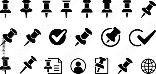 Collection of black thumbtack and pushpin icons with checkmark and document symbols