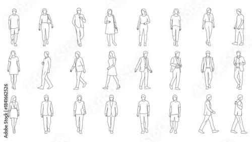 Line drawings of various people in different poses and outfits