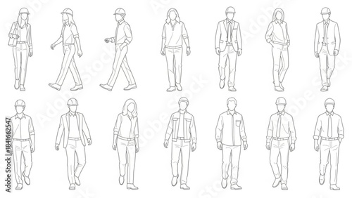 Set of various people walking in different poses and outfits