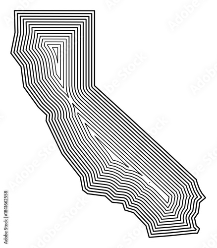 Symbol Map of the State California (United States of America) showing the state border buffered inside with black tapering lines