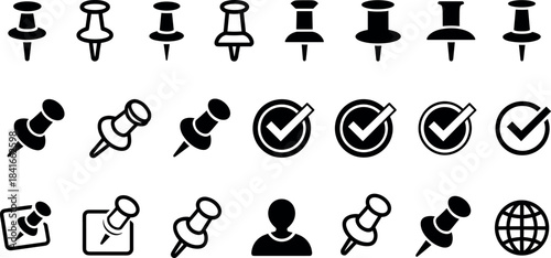 collection of black and white pushpin icons for web design and user interface pushpin, icon, set, collection, thumbtack, pin