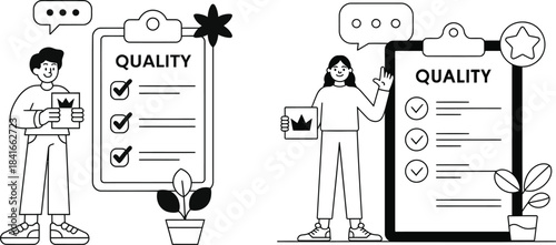 Business people reviewing quality checklist and making notes