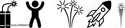 Black and white icons representing celebration elements like fireworks and rockets