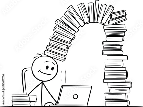 Stick figure student overwhelmed by books studying on laptop computer