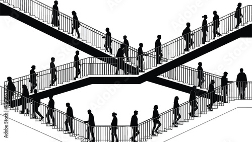 People walking on staircases, silhouette vector, cad drawing, flat vector illustration, surreal architecture, human movement, abstract design, urban concept