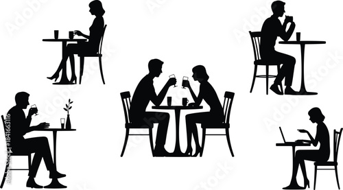 PrintSilhouettes of people drinking, dining, and working alone and together at a café or restaurant table, black and white vector illustration.