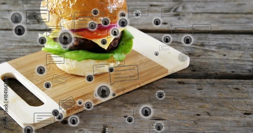 Floating chat icons initiating reveal, sesame burger rising and centering on board promoting burger