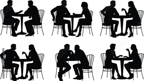 PrintSilhouettes of couple talking at table, romantic cafe date, business discussion, conversation, meeting, full-length, front view, black and white.