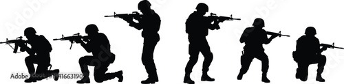 PrintSoldier silhouette illustration, tactical stance vector, armed combat pose, rifle gear graphic, military training icon, black outline, warfare action scene