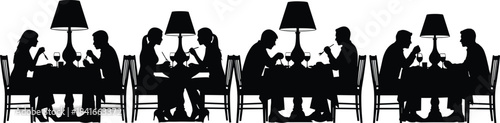 Romantic dinner, restaurant couple, silhouette people, dining table, wine glass, elegant lamp, social interaction, black white, cad drawing flat vector illustration