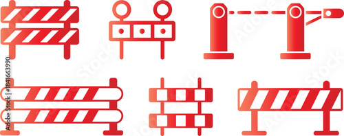collection of red and white construction barriers and road safety equipment icons barrier, construction, safety, roadwork, traffic