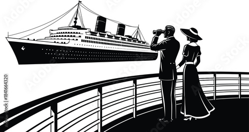 Vintage ship deck scene, ocean liner view, couple silhouette, binoculars, black vector, flat design, CAD drawing, maritime illustration
