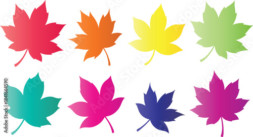 Collection of eight colorful maple leaf silhouettes leaf, maple, autumn, fall, color, silhouette, shape in various vibrant hues