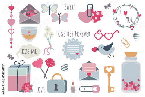 Valentine s day elements set. Love romance symbols for February 14. Gift, heart, envelope, floral bouquets, lover sweet message and others other decorations. Perfect for stickers and greeting cards