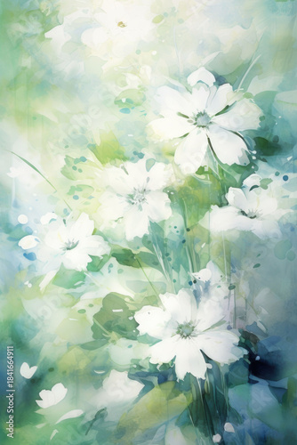 pastel watercolor floral background image with white flowers, in the style of light emerald and white