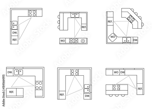 A clean set of kitchen layout vector plans showing different L-shaped, U-shaped and island configurations with the working triangle marked. Perfect for architects, designer, planners floor.