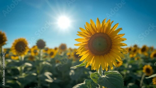 Close-up of sunflower in bright summer field with backlit sun and copy space