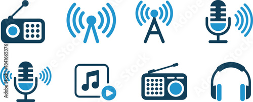set of broadcasting and audio media icons  radio, icon, broadcast, communication including radio, antenna, and microphone