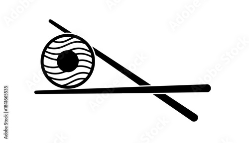 A striking black and white logo design featuring a stylized circular sushi roll with a wavy internal texture and solid center, resting elegantly between two crossed chopsticks