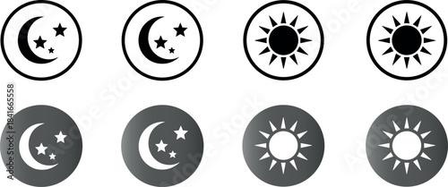 Simple vector icons representing day icon, day, night, sun, moon, star, mode and night for light and dark theme toggle switch