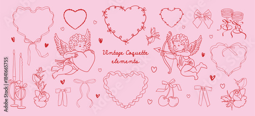 Doodle hand drawn coquette set with Cupid, ribbon frames, hearts, bows, glasses of champagne. Trendy vintage whimsical elements for Valentine's day celebration, wedding invitations, prints.