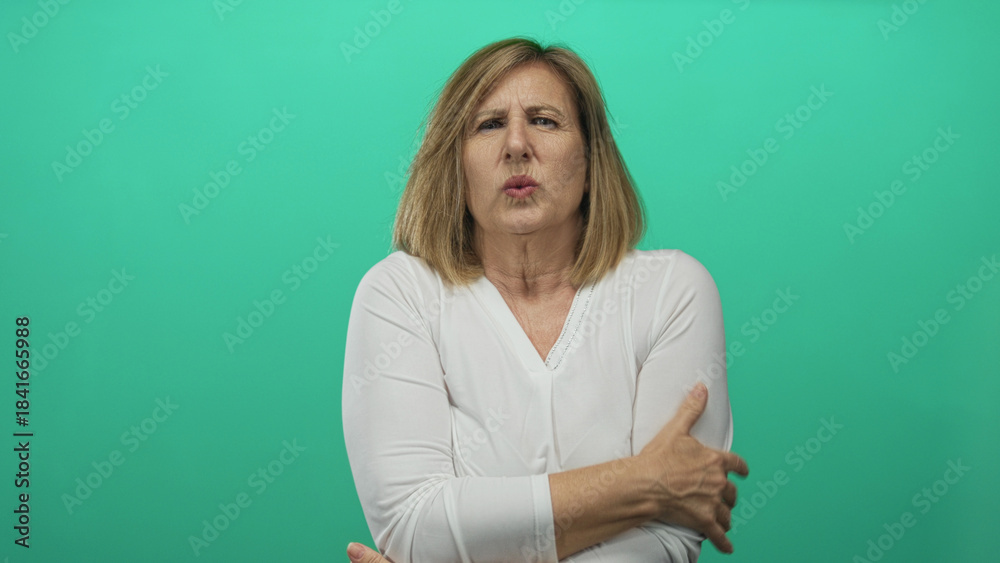 Obraz premium Woman hugs her shoulders with crossed arms and pursed lips as she shivers in studio against green backdrop; discomfort.