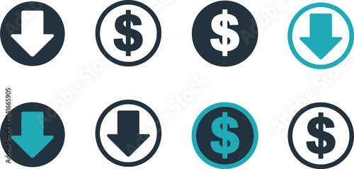 collection of finance and price decrease icons showing dollar signs and downward arrows