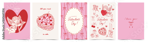 Vintage Valentine’s Day card set with heart, Cupid doodles, cake, bows and romantic line art illustrations. Elegant coquette template for poster, invitation, menu, celebration, branding, labels