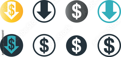 Collection of circular icons representing price reduction, financial decrease, and cost management