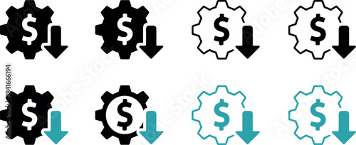 Collection of cost reduction settings icons representing lower price and financial decrease