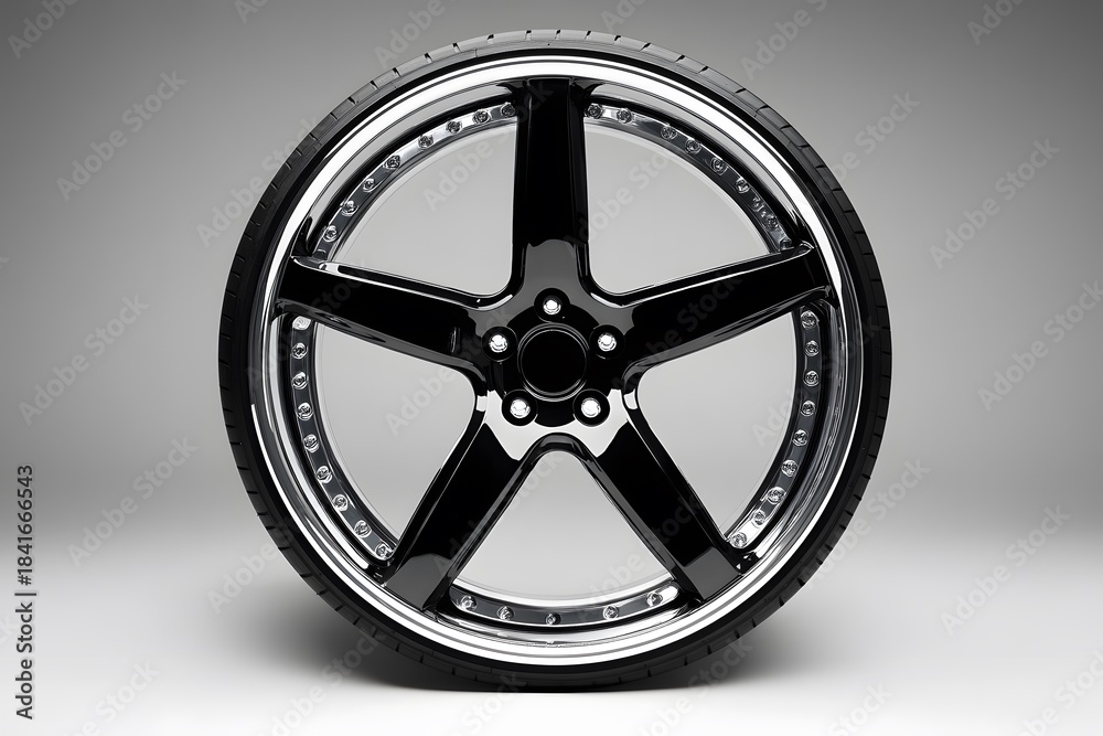 Fototapeta premium sleek car wheel with a black alloy rim showcasing modern automotive design and luxury wheel detail through a glossy metallic finish and high-performance style