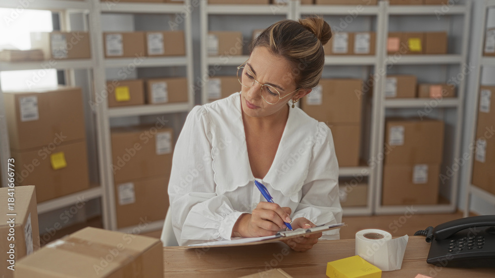 Fototapeta premium Woman holding pen and writing on a clipboard beside stacked cardboard parcel boxes at a desk in building storage room; efficiency concentration.