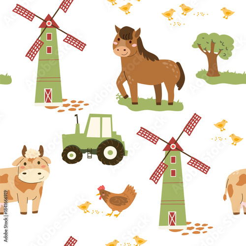 Vector cartoon farm pattern with cute cow and horse. Windmill with tractor funny pattern in green colors. Childish seamless texture with domestic animals.