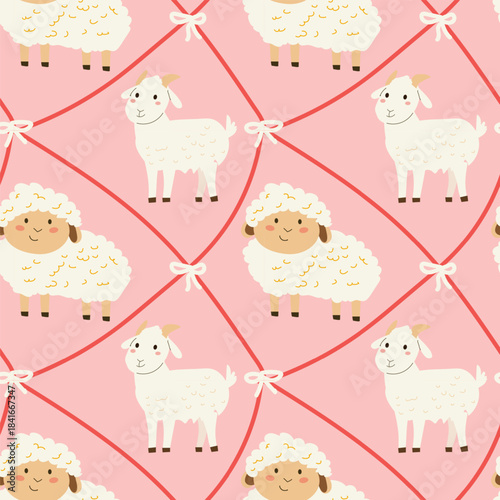 Cute farm animals pattern with diagonal grid and bows knots on pink background. Cute cottage decore pattern for kids nursery prints, fabric designs.