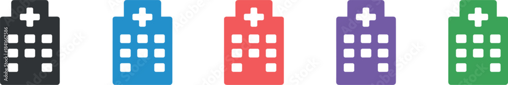Fototapeta premium Set of five colorful hospital building icons for healthcare hospital, icon, medical, healthcare, clinic and medical applications