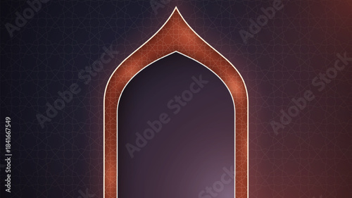 Islamic background with luxury lighting mosque arch design on purple background