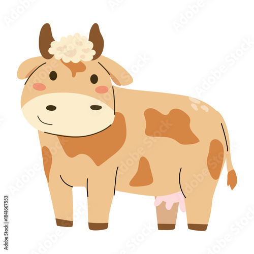 Cute cow cartoon vector illustration isolated on transparent. Kids farm animal for milk product designs, children books, mascots. Flat illustration.
