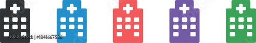 Set of five colorful hospital building icons for healthcare hospital, icon, medical, healthcare, clinic and medical applications