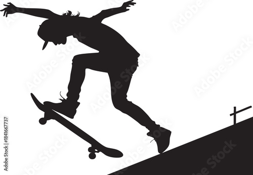 Skateboarder Silhouette in Action: Capturing a dynamic moment of a skateboarder mid-trick, highlighting the balance and agility involved in the sport.
